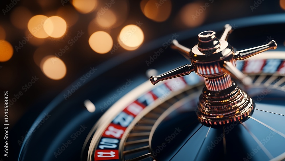 Close-up of a gleaming gold roulette wheel and ball in a casino setting, illuminated by warm bokeh lights Close-up of a gleaming gold roulette wheel and ball in a casino setting, illuminated by warm bokeh lights