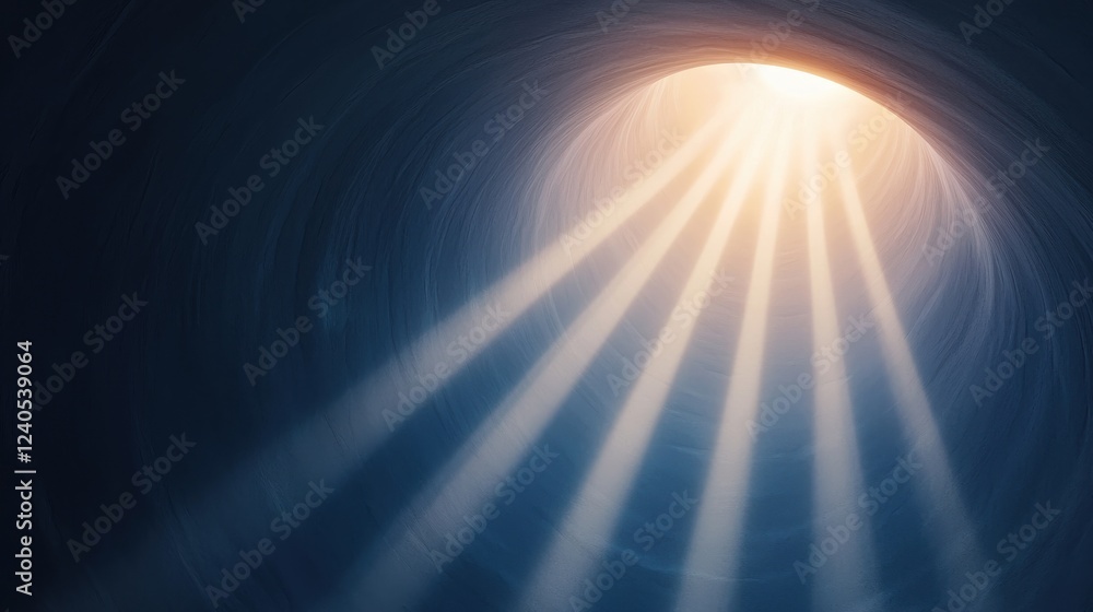 Obraz premium Warm light rays stream through a dark, circular tunnel, illuminating dust motes in the air. The concrete texture of the tunnel is visible. A sense of hope and mystery is evoked.