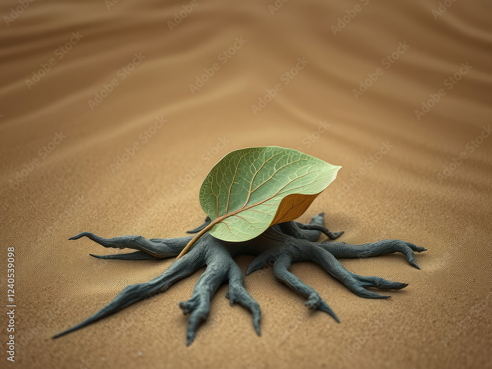 Single leaf resting on exposed tree roots in sandy dunes, isolated, solitude
