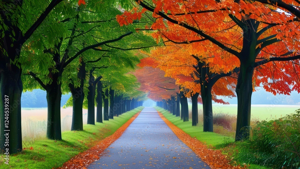 Naklejka premium Autumn pathway surrounded by vibrant colored trees