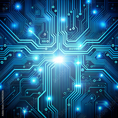 Abstract blue circuit board with glowing lights.