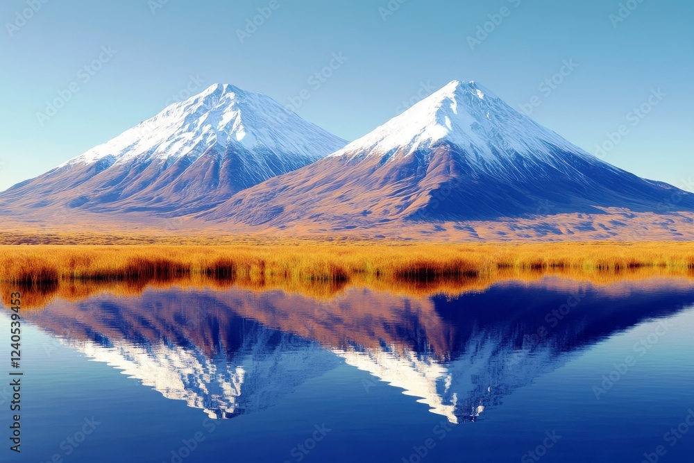 Fototapeta premium Snow-Capped Mountain Peaks Reflected in Tranquil Lake Surrounded by Lush Grassland Under Clear Blue Sky
