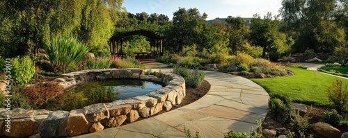 Enchanting garden path winding through vibrant blooms photo