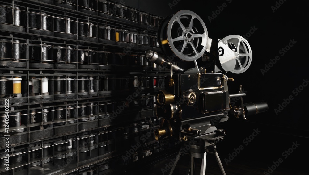 Obraz premium Vintage movie projector, film reels, dark room, cinematic history, stock photo