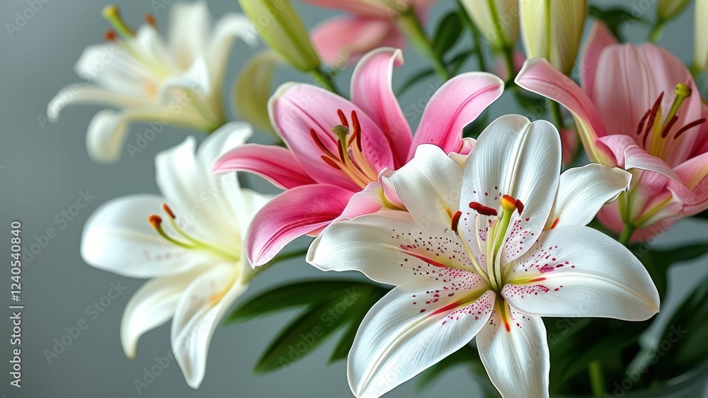 Fototapeta premium Beautiful bouquet of pink and white lilies against a soft background