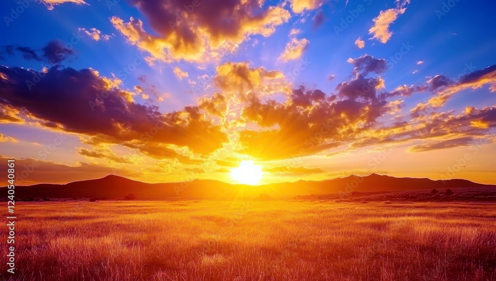 Fototapeta premium Breathtaking Sunset Over Grassy Plains with Dramatic Clouds and Vibrant Sky Colors in a Natural Landscape at Dusk