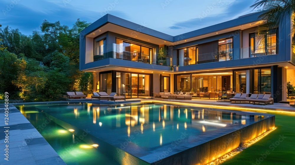 Obraz premium Modern villa with pool illuminated at dusk, surrounded by greenery
