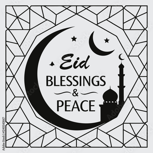 A geometric-patterned background with a crescent and mosque silhouette, featuring "Eid Blessings & Peace."silhouette image vector art and illustration