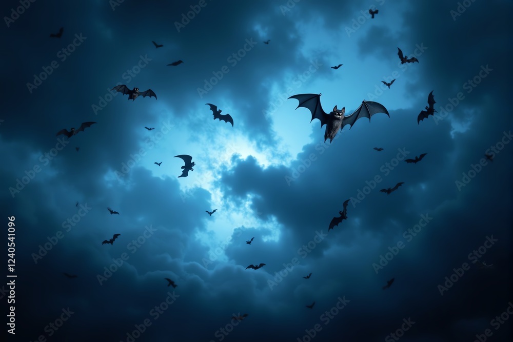 Fototapeta premium Here are a few options for your stock photo description, all under 200 characters:**Option 1 (Focus on atmosphere):**> Dark, stormy night sky filled with numerous bats in flig