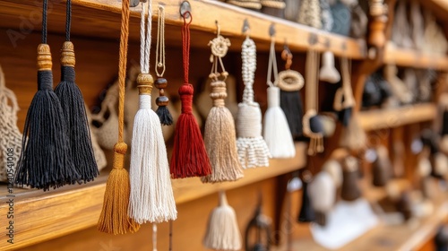 Colorful tassels in shades of green, orange, and brown hang from a wooden bar, emphasizing textile artistry and design aesthetics photo