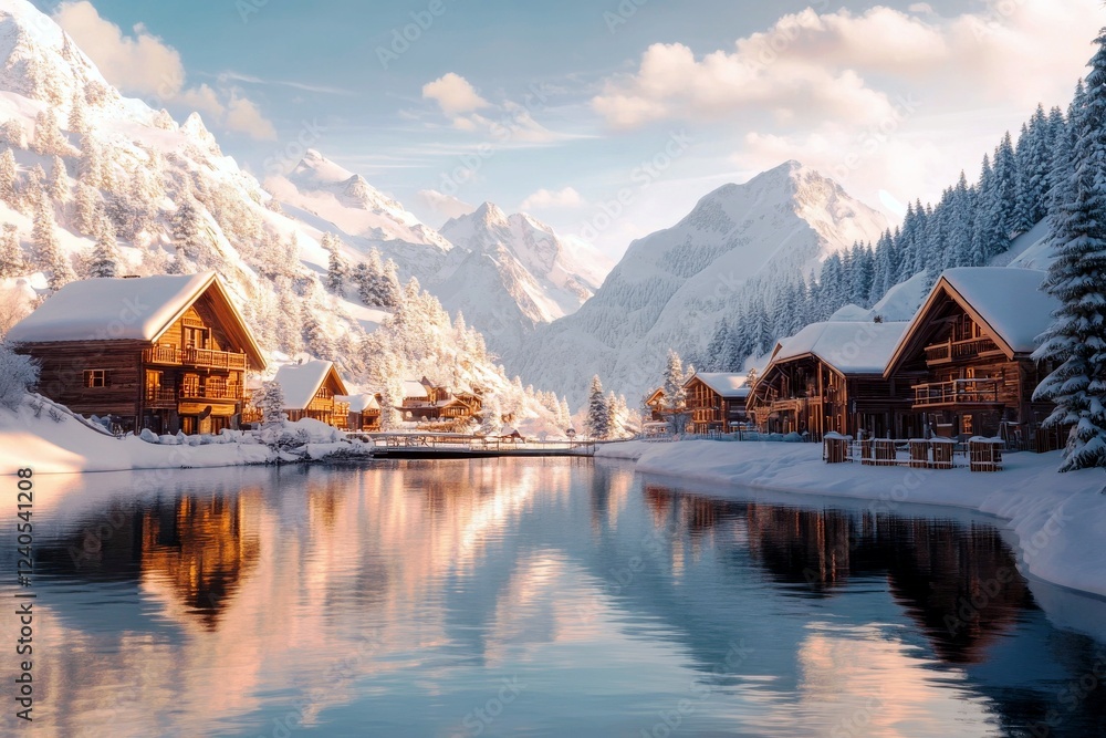 Fototapeta premium Serene Snowy Village Reflection in Mountainous Landscape with Cozy Wooden Cabins under a Clear Blue Sky in Winter Wonderland