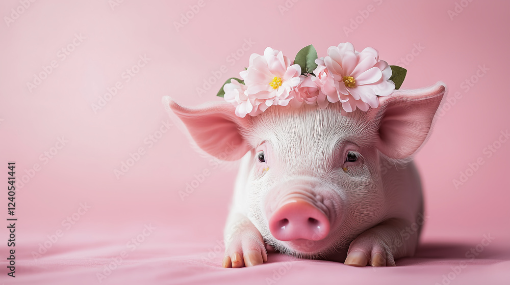 delightful piglet with flower crown evokes pure joy and innocence, creating heartwarming and charming composition on pastel pink delightful piglet with flower crown evokes pure joy and innocence, creating heartwarming and charming composition on pastel pink