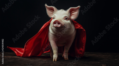 happy piglet poses confidently in red superhero cape, dramatic lighting enhancing cute animal playful character