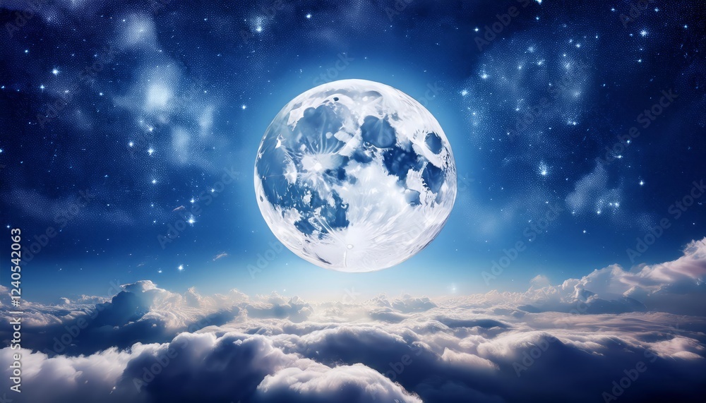 A bright full moon illuminates a night sky filled with fluffy clouds and twinkling stars A bright full moon illuminates a night sky filled with fluffy clouds and twinkling stars