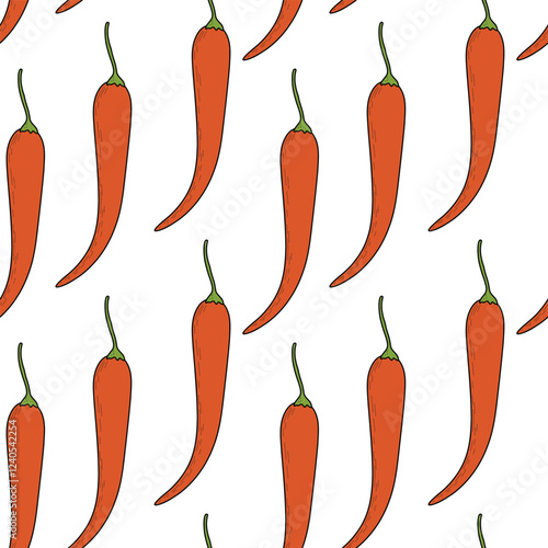 Hot pepper pattern, with chilli pepper on a white background. Vegetable vector pattern with red hot pepper, capsicum.