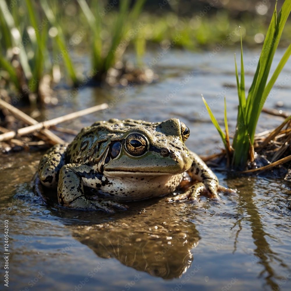 Fototapeta premium Frog Emerging from a Muddy Bank. Frog in the water. 