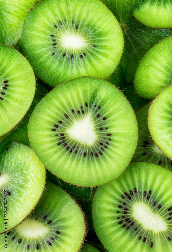 The image showcases a vibrant and fresh close-up of sliced kiwi fruits. The bright green flesh, tiny black seeds, and radial symmetry create a visually appealing pattern. The image showcases a vibrant and fresh close-up of sliced kiwi fruits. The bright green flesh, tiny black seeds, and radial symmetry create a visually appealing pattern.