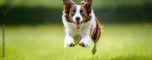 Energetic dog leaping joyfully across grassy field.