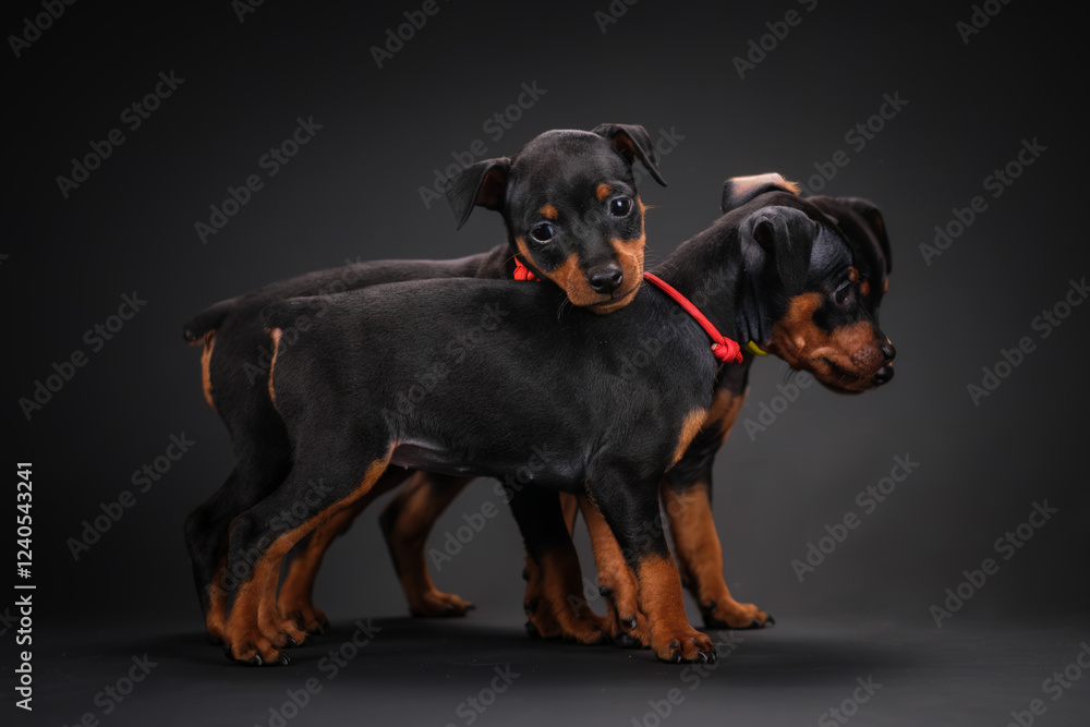 Obraz premium Three puppies playing on a black background. Black and tan miniature pinscher puppies.