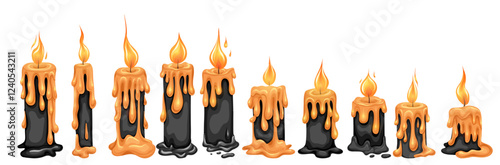 Mystical vector set of black melted candles isolated from background. Collection of hand drawn magical burning candles for icons and mobile apps. Magic and spa.