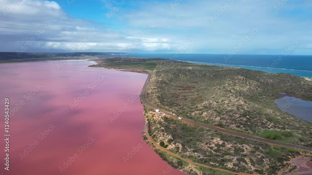 Aerial view of hutt lagoon pink lake with vibrant colors and scenic coastline, Yallabatharra, Australia. Aerial view of hutt lagoon pink lake with vibrant colors and scenic coastline, Yallabatharra, Australia.