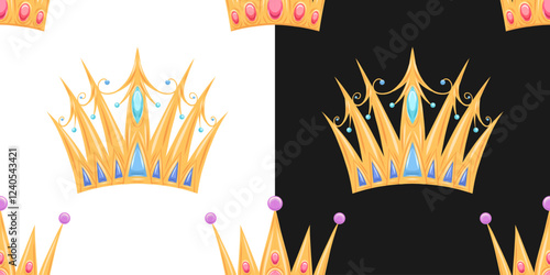 Vector set of seamless patterns with golden crowns on white and black background. Collection of luxury texture with royal tiaras for princesses and queens. Wallpaper and fabric