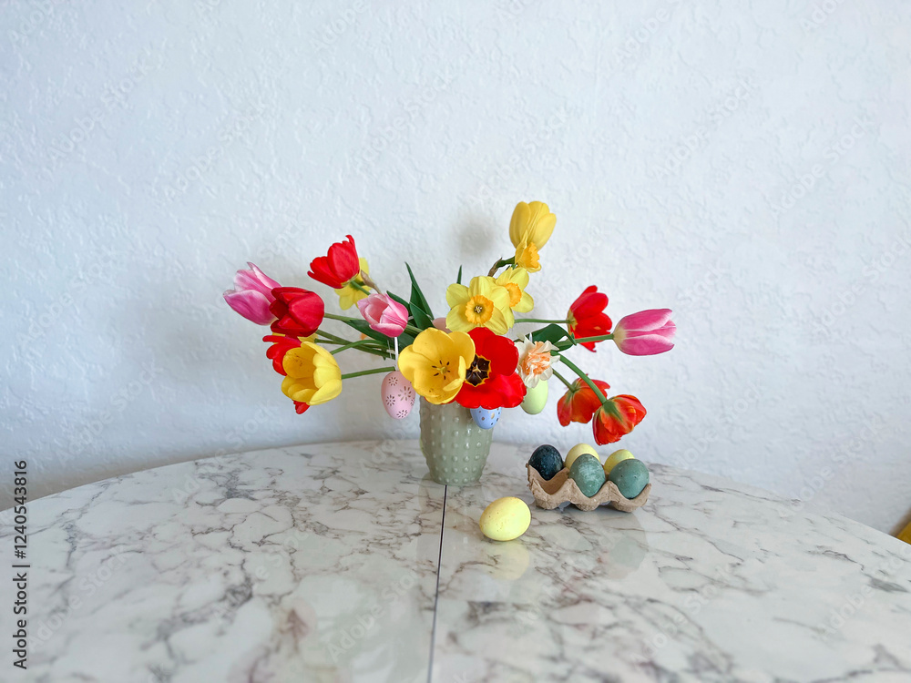 An Easter card. Colorful bright tulips decorated with eggs stand in a vase on the table next to colorful eggs