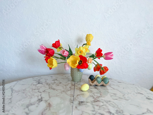 Obraz na płótnie An Easter card. Colorful bright tulips decorated with eggs stand in a vase on the table next to colorful eggs w salonie