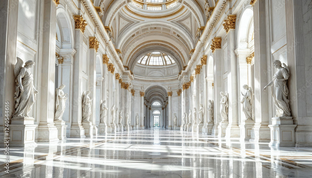 Fototapeta premium Majestic white marble corridor adorned with statues in a grand architectural masterpiece during daylight hours