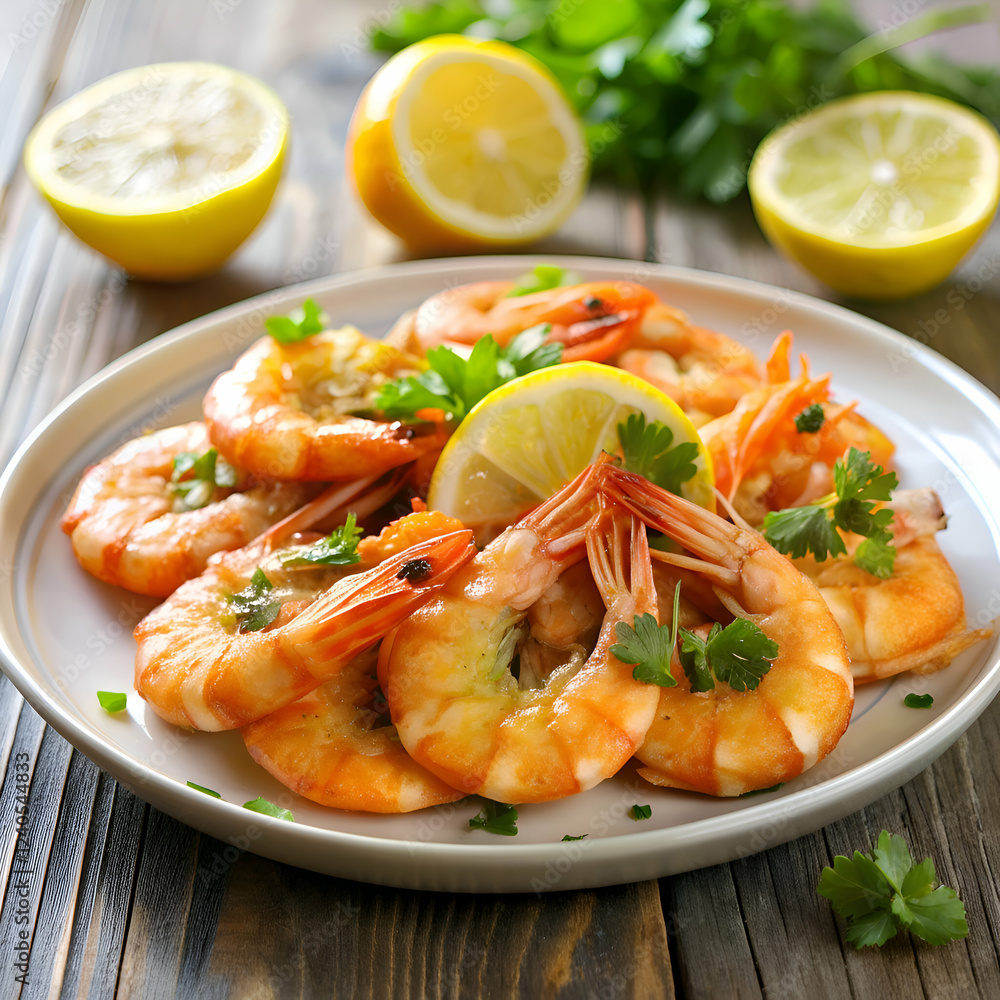 A plate of fresh. cooked shrimp with lemon and parsley. A plate of fresh. cooked shrimp with lemon and parsley.