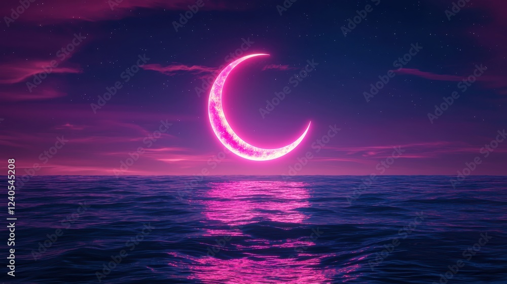 Fototapeta premium Pixel art crescent moon glowing pink over dark purple ocean and night sky with stars. Digital art, vibrant colors, dreamy atmosphere.
