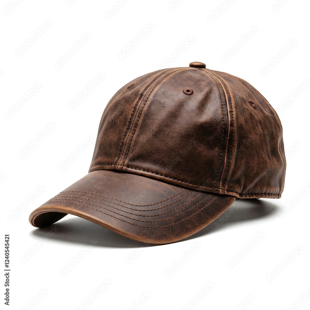 Fototapeta premium Dark brown rustic leather baseball cap isolated on white background