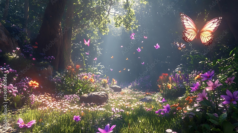 Obraz premium A Sunlit Forest Path Filled with Flowers and Butterflies