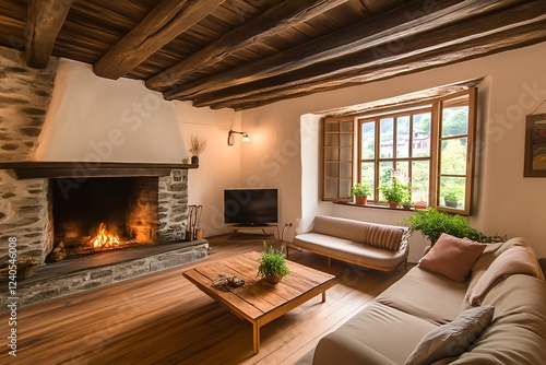 Cozy Rustic Living Room with Fireplace and Mountain View photo