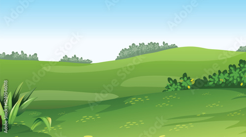 Alpine meadows and beautiful mountains, forests and lakes, vector illustration. Panoramic landscape of green fields, amazing mountains on a clear day with gentle clouds in the blue sky.