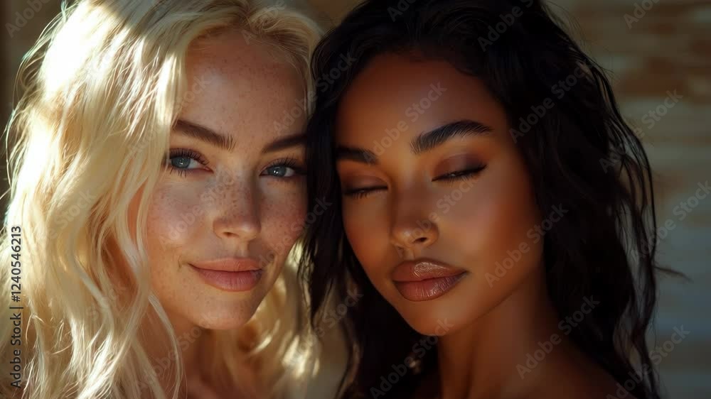 Beautiful models with diverse skin tones showcase stunning makeup techniques in natural light Beautiful models with diverse skin tones showcase stunning makeup techniques in natural light