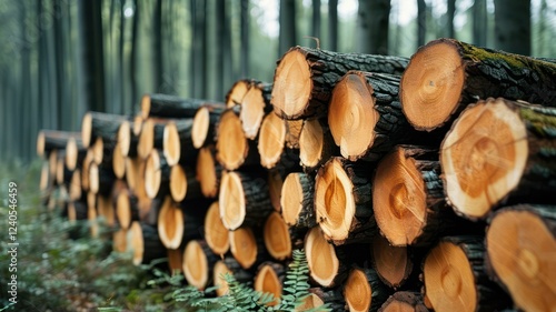 Stacked tree logs in a serene forest with soft natural lighting