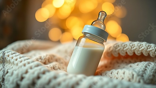 A baby's bottle filled with milk resting on a white knitted blanket against warm golden bokeh lights background photo