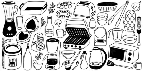 Kitchen appliances and utensils vector doodle set. Cooking elements and dish hand drawn set