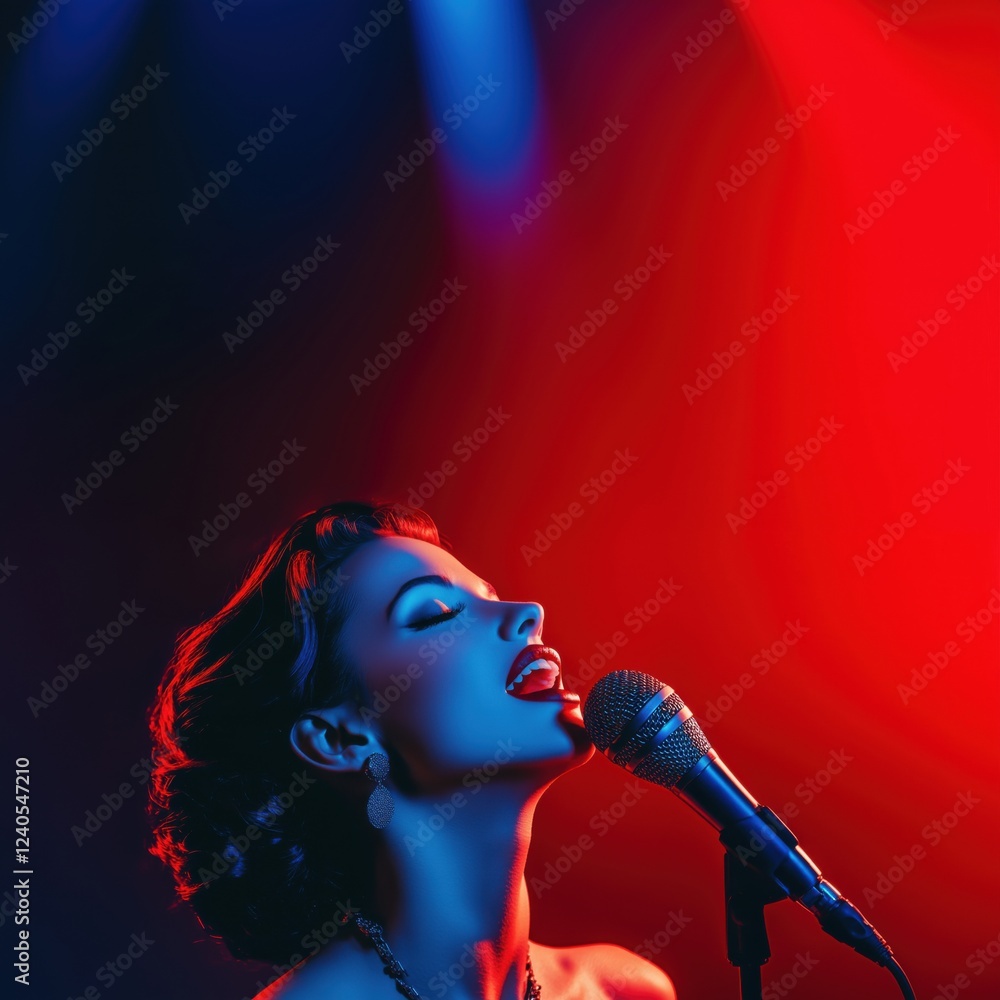 Vibrant singer performing under dramatic lighting, showcasing passion and artistry with microphone in hand, captivating audience with powerful vocals, copy space for text Vibrant singer performing under dramatic lighting, showcasing passion and artistry with microphone in hand, captivating audience with powerful vocals, copy space for text