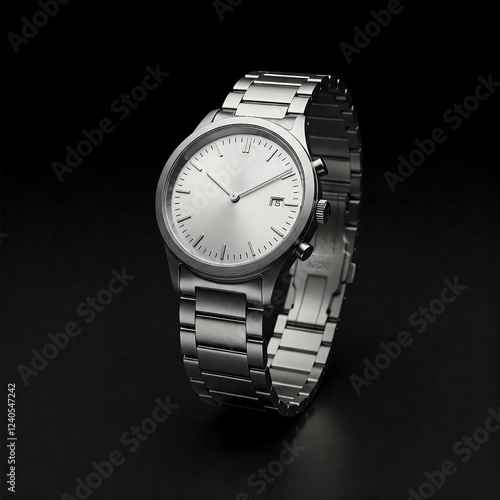 A sleek luxury wristwatch with silver band and dial on black background, product photography for advertisement	 photo