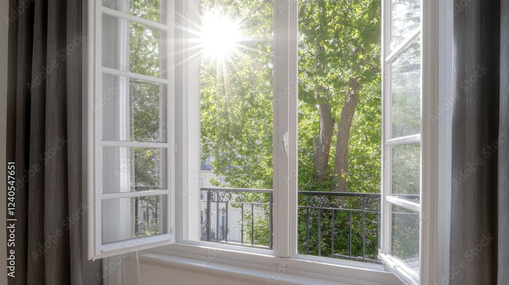 Bright bedroom showcases a window with stunning autumn trees outside, highlighting golden leaves and natural light streaming in Bright bedroom showcases a window with stunning autumn trees outside, highlighting golden leaves and natural light streaming in