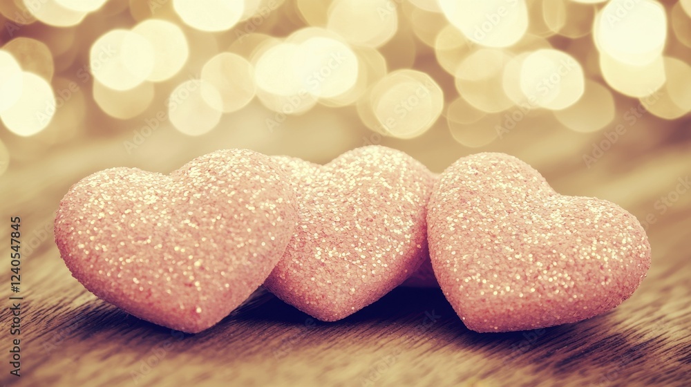 heart love Sparkling pink hearts on a wooden surface heart love Sparkling pink hearts on a wooden surface