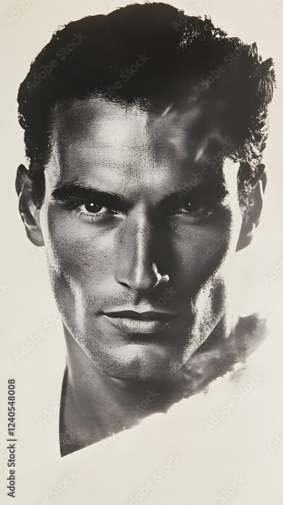 Fototapeta premium 9. A front-facing portrait showing the strong structure of a man's face with a prominent jaw and high cheekbones, on white
