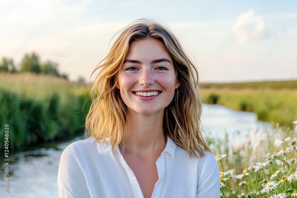Young woman with blonde hair smiling joyfully outdoors near a river, surrounded by lush greenery and blooming daisies at sunset, serene and peaceful atmosphere Young woman with blonde hair smiling joyfully outdoors near a river, surrounded by lush greenery and blooming daisies at sunset, serene and peaceful atmosphere