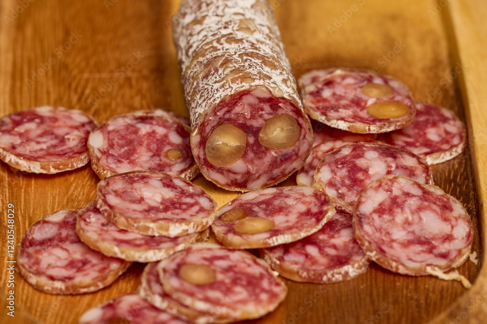 slices of fuet salami with walnuts on a wooden chopping board slices of fuet salami with walnuts on a wooden chopping board