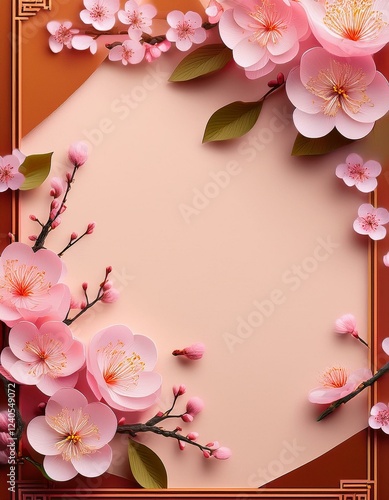 Wallpaper Mural 生成り色の背景に柔らかい梅の花と葉の和風フレーム、右下には4月の入学式の招待状がしっとりと置かれ、春の温かさと新たな始まりを感じさせるデザイン
 Torontodigital.ca