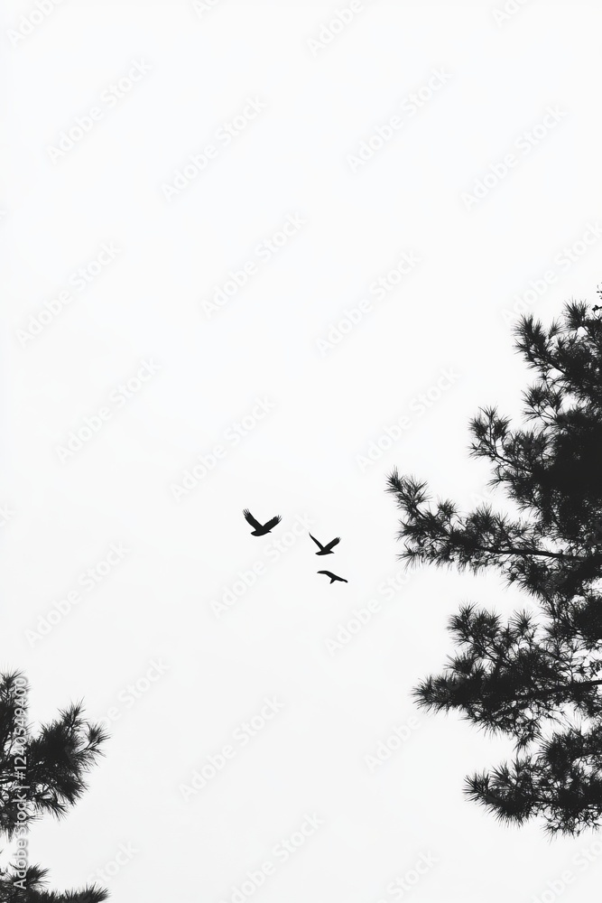 Silhouette of Birds Flying Over Treetops Against a White Background Silhouette of Birds Flying Over Treetops Against a White Background