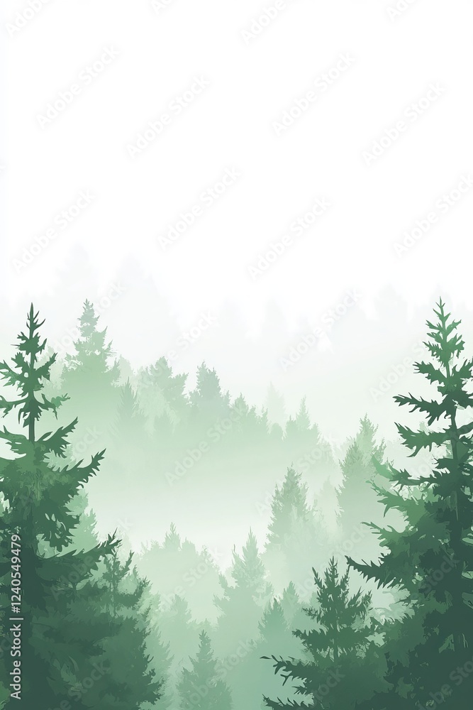 Fototapeta premium Silhouetted Forest Line Fading into Mist on White Background with Green Trees