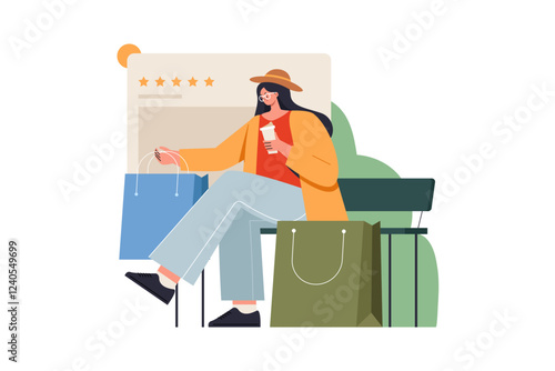 Woman with Shopping Bags and Coffee Illustration